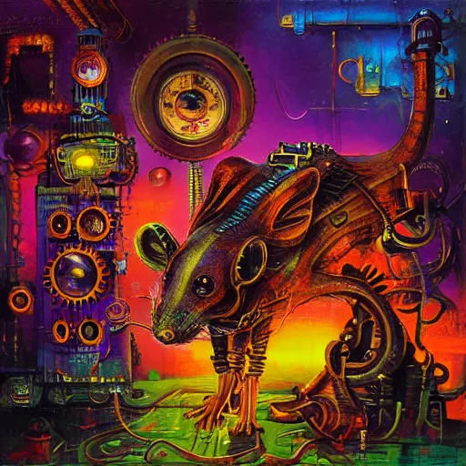 Image similar to steampunk rat, acid, 303, psychedelic, by paul lehr, cd cover for techno artist