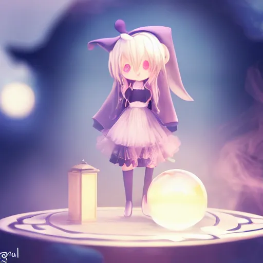 Prompt: cute fumo plush girl gazing into a crystal ball swirling with strange energy, black and white, smoke and volumetric fog, witch girl, soothsayer, lens flare glow, chibi anime, vray