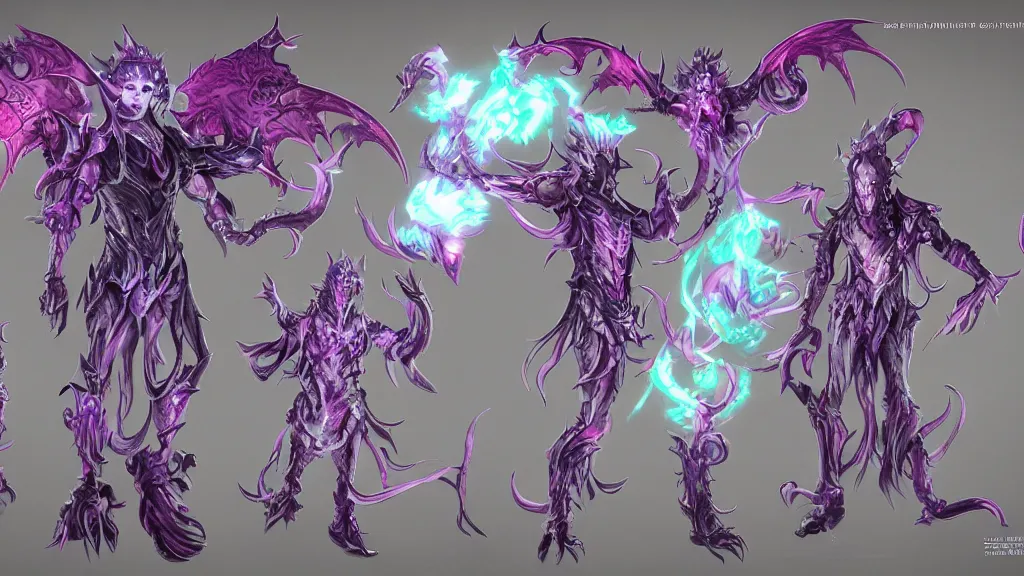 Image similar to a fantasy Bright iridescent ghost demon with four arms character design sheet, trending on artstation