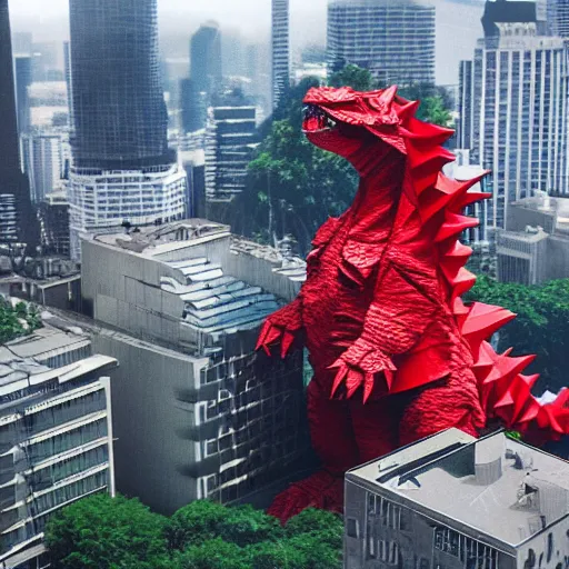 Image similar to origami giant godzilla, tearing through a city, birds eye view