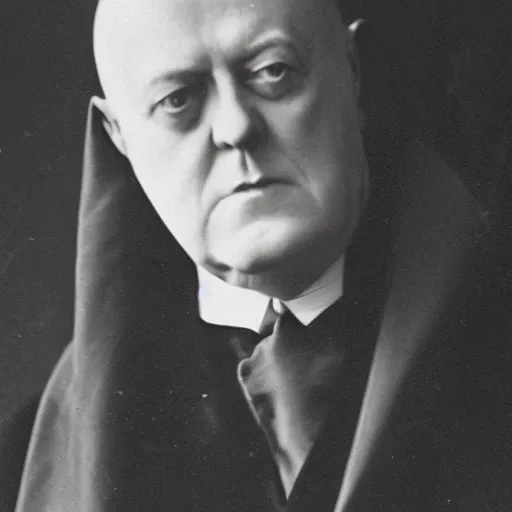 Image similar to aleister crowley wearing a dark hooded cloak