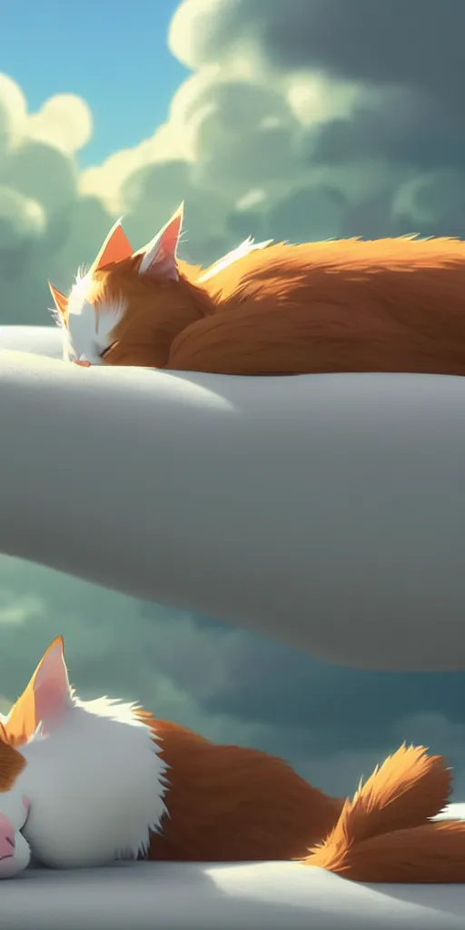 Image similar to a wholesome animation key shot of a ginger and white cat sleeping, close up, studio ghibli, pixar and disney animation, sharp, rendered in unreal engine 5, clear sky, anime key art by greg rutkowski, bloom, dramatic lighting