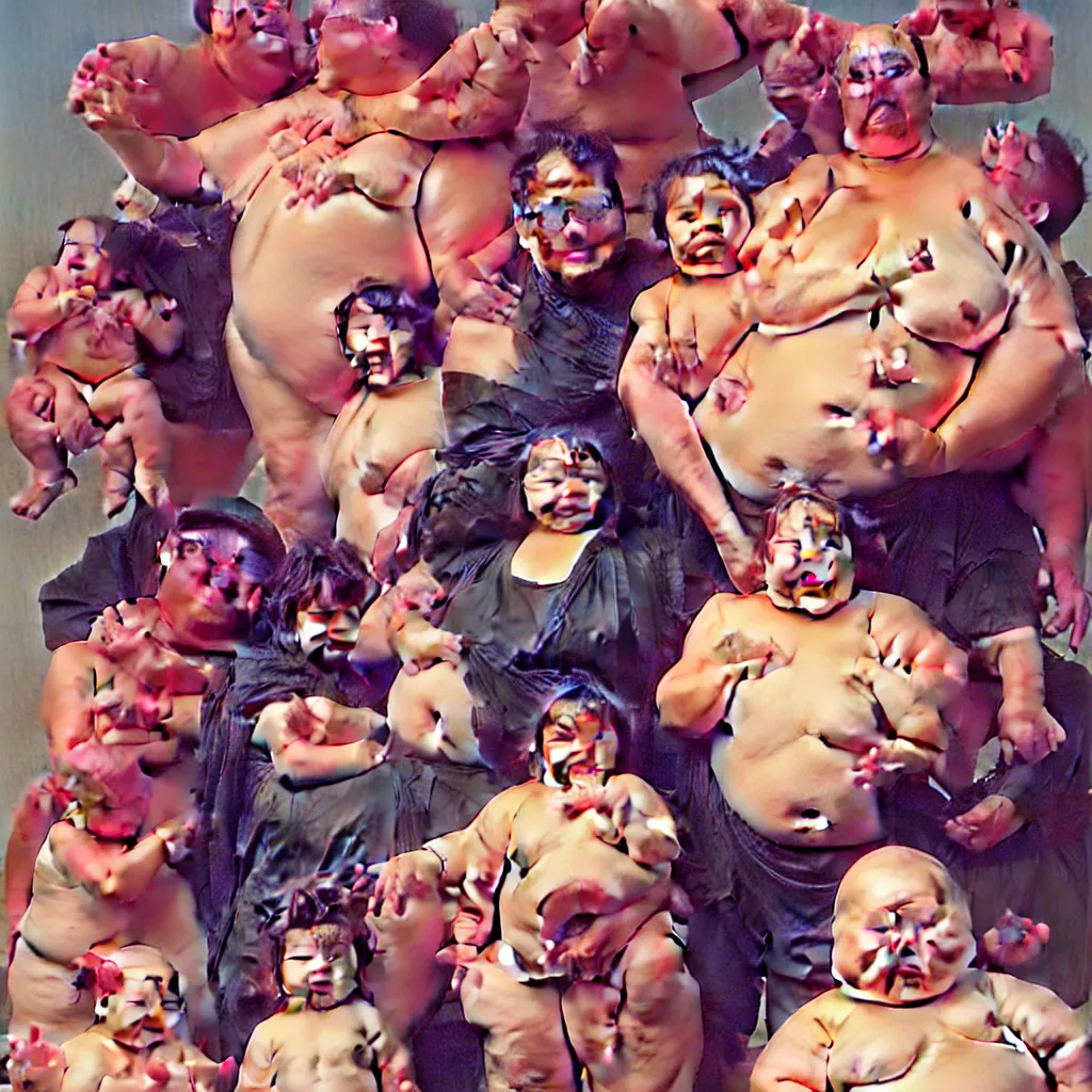 Image similar to sad and disturbing portrait of happy obese american family, vivid colors, neon, art by ( ( ( kuvshinov ilya ) ) ) and wayne barlowe and francis bacon and artgerm and wlop and william - adolphe bouguereau