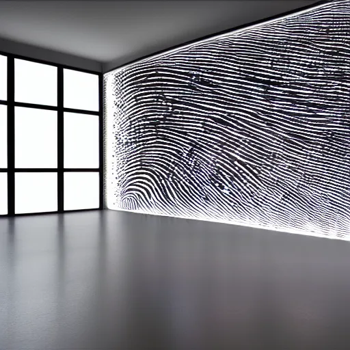 Image similar to : fingerprint pattern sculpture art on the wall in modern architecture studio, cinematic lighting, hyper - realistic, detailed, render by c 4 d octane, unreal engine, 8 k 3 d render