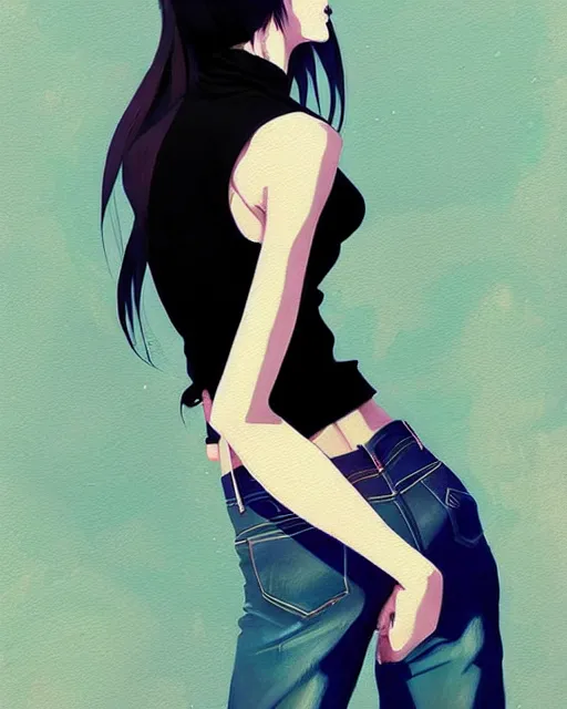 Image similar to a ultradetailed beautiful painting of a stylish woman in black tanktop and jeans, by conrad roset, greg rutkowski and makoto shinkai trending on artstation