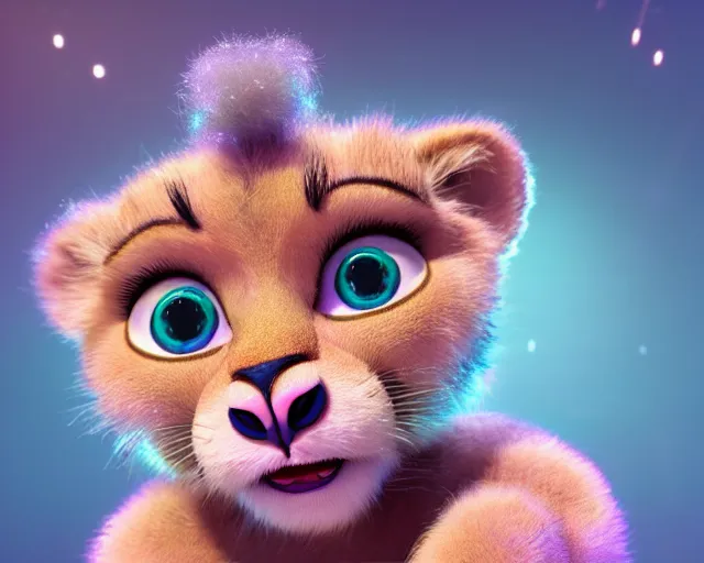 Image similar to a cute baby lion, big eyes, soft fur texture, pastel colours, colorful, glitter crystals, cute, pixar animation style, detailed, soft light, octane render, 4 k,