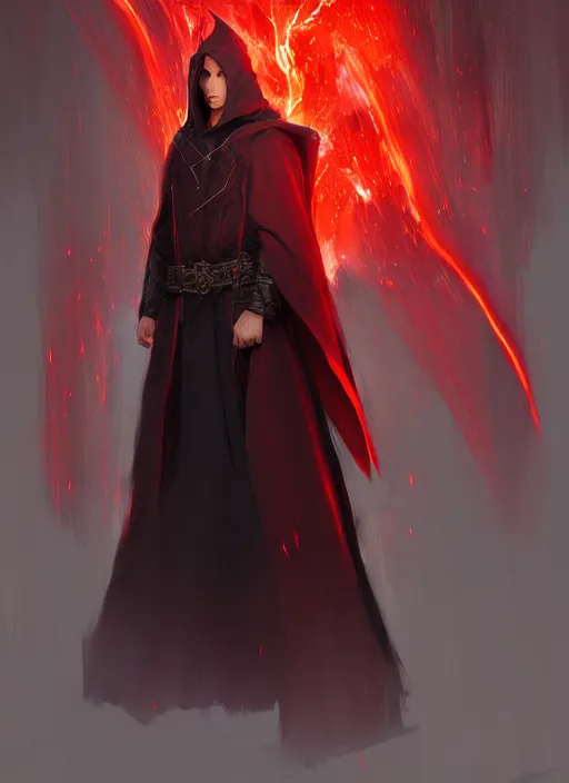 Image similar to Half-body of a hooded brunette elven fire mage in a black and red robe with fire around him. In style of Hyung-tae Kim and Greg Rutkowski, concept art, trending on ArtStation, Korean MMORPG, over-detailed art, 4K, epic, dynamic lightning, dramatic pose.