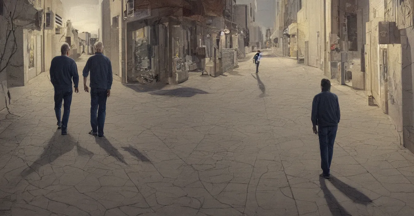 Image similar to todd solondz, high quality high detail painting of todd solondz walking with a friend in an empty tel aviv street, face of todd solondz, night, by lucian freud and gregory crewdson, hd, photorealistic lighting