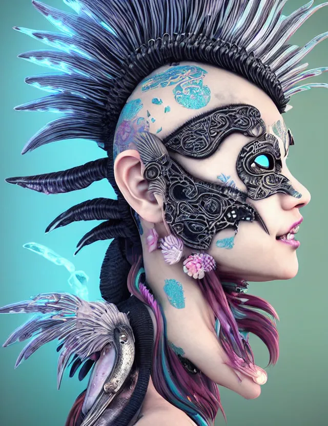 Image similar to 3 d photo realistic goddess close - up profile portrait punk with mohawk with ram skull. beautiful intricately detailed japanese crow kitsune mask and clasical japanese kimono. betta fish, jellyfish phoenix, bio luminescent, plasma, ice, water, wind, creature, artwork by tooth wu and wlop and beeple and greg rutkowski