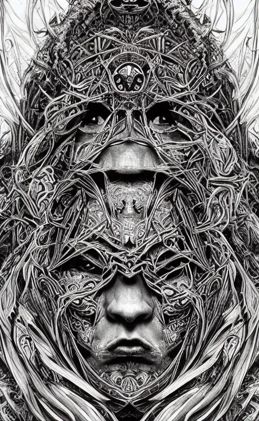 Prompt: Elder Ring themed painting of ancient hybrid majestic aztec shaman fantasy cyber human beautiful symmetrical face angry mask closeup face mask tattoo pattern golden ratio concept, deep forest psytrance Neo-Gothic concept, infinity glyph waves, intricate artwork masterpiece, very coherent artwork, cinematic, full frontal facial features by Artgerm, Takato Yamamoto, Zdizslaw Beksinski, Johnatan Wayshak, Moebius, H.R. Giger, Ayami Kojima, very coherent artwork, trending on cgsociety, ultra high quality model, production quality cinema model, high detail chromatic ink outline, octane render, unreal engine, 8k mandelbulber fractal, hyper realism, high detail, octane render, unreal engine, 8k, High contrast