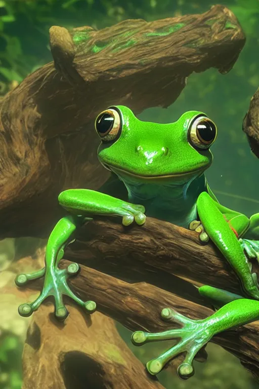 Image similar to in game footage of a green tree frog from the legend of zelda breath of the wild, breath of the wild art style.