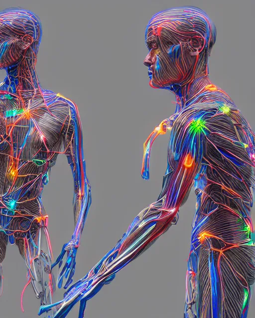 Prompt: a hyperrealistic human cyborg with limbs stretched out, tied with electrical cables connected to an infinite supercomputer, flood of color and images flowing from his head, tesseract, vitruvian man, 3 d render, octane, trending on artstation, concept art, insane details