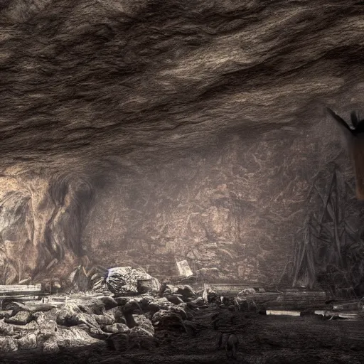 Prompt: a large cavern, bats, dark, moisture, spiders, bulldozers, coal creek realistic