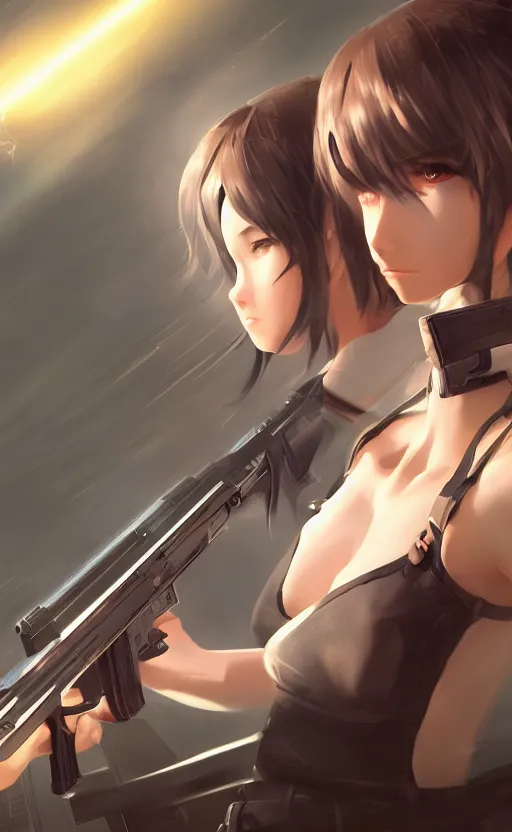 Image similar to highly detailed, high resolution, character design art, stunning, volumetric lightning, realistic guns, girls frontline style, matte, sharp focus, 150mm, illustration, artstation, by kuvshinov ilya, professional result, realistic anatomy, simple design, masterful coloring, skilled artist, a single person