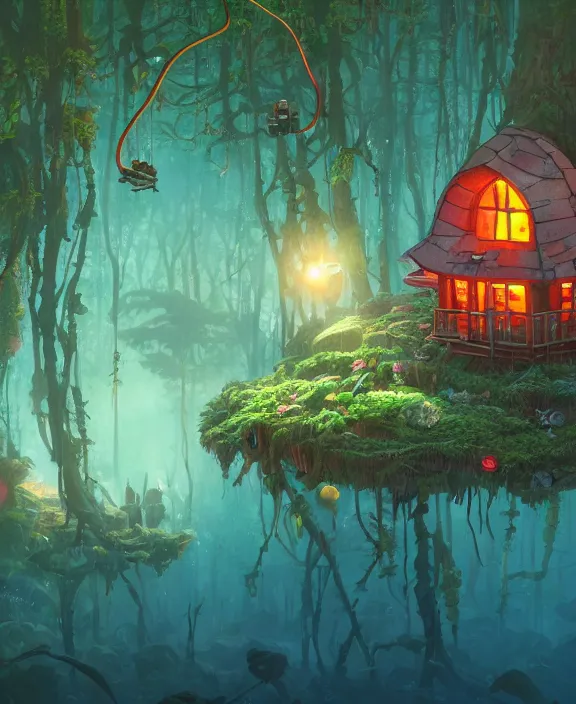 Prompt: a whimsical cabin made from robots, overgrown with huge exotic fungus, deep in the woods, cheerful, sunrise, by dan mumford, yusuke murata, makoto shinkai, ross tran, underwater, hellish, cinematic, unreal engine, cel shaded, featured on artstation, pixiv