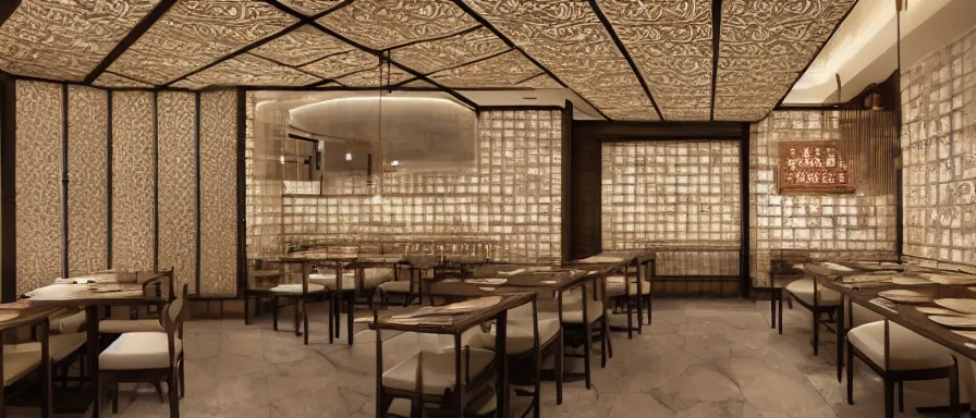 Prompt: a beautiful hyperdetailed interior render of roasted string hotpot restaurant restaurant yan'an, wall corner, from china, paper wall and white tile floor, with merchant logo, fine delicate structure, chinese style, simple composition, simple style structure decoration design, victo ngai, 4 k hd