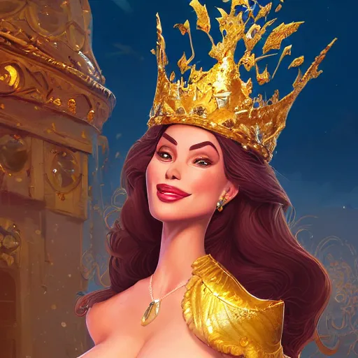 Image similar to Portrait of Sofia Vergara as the Golden Queen wearing a majestic crown, luxurious scene, mattepainting concept Blizzard pixar maya engine on stylized background splash comics global illumination lighting artstation lois van baarle, ilya kuvshinov, rossdraws