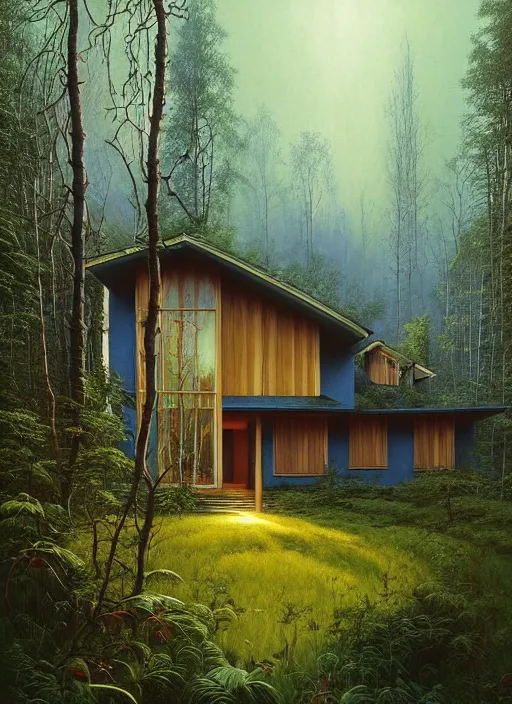 Image similar to hyper realistic witchy modern house with mood lighting and tech in the woods gorgeous lighting, blue sky, highly detailed, lush forest foliage painting by zdzisław beksinski and norman rockwell and greg rutkowski weta studio, and lucasfilm