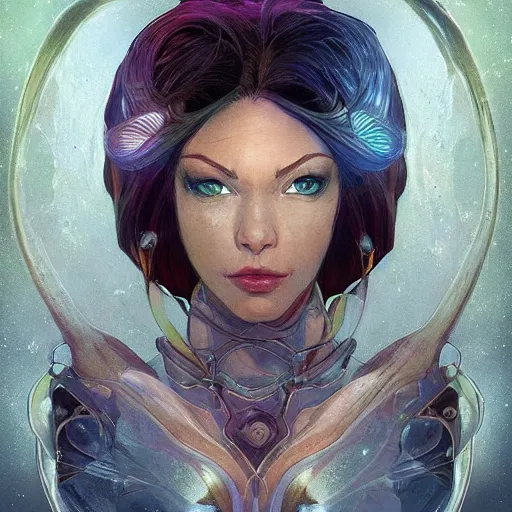 Image similar to cyborg, female, fantasy, bioluminiscence, flowing hair, portrait, highly detailed, digital painting, beautiful eyes, symmetry, concept art, sharp focus, illustration, art by artgerm and greg rutkowski and magali villeneuve and ilya kuvshinov! : : alphonse mucha : : - 0. 2