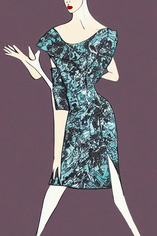 Image similar to a detailed high fashion illustration of a atomic style mid century outfit