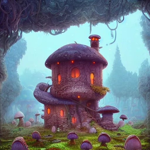 Prompt: a mushroom house in the middle of nowhere. detailed fantasy art, by ferdinand knab, simon stalenhag and beeple, and cyril rolando, octane render