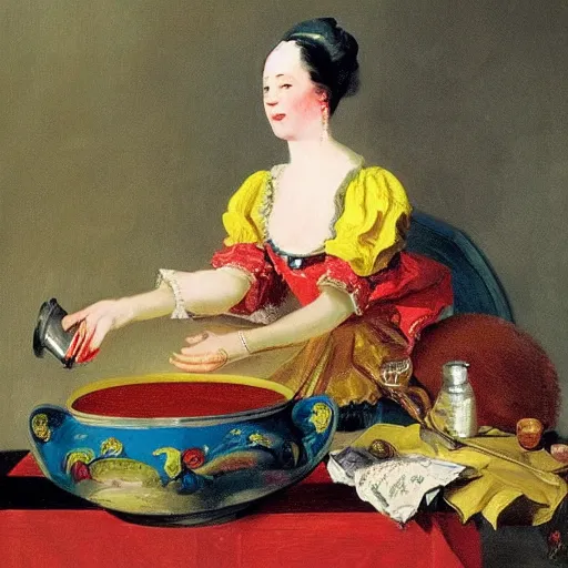 Prompt: by william hogarth graceful, opulent. in this performance art, the artist has used a photo - realist style to depict a can of soup. the can is placed on a plain background, & the artist has used bright, primary colors to create a striking image. the performance art is both realistic & abstract