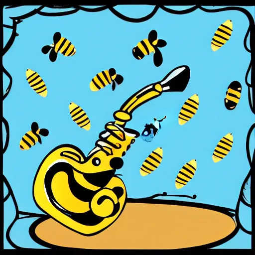 Image similar to saxophone with bees flying out of it and honey cartoon