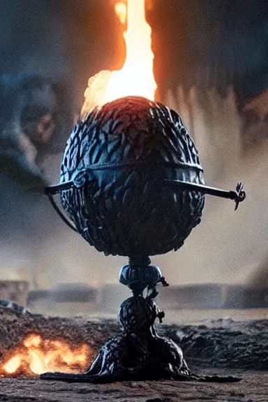 Image similar to very very intricate photorealistic photo of a bomb - omb in an episode of game of thrones, photo is in focus with detailed atmospheric lighting, award - winning details