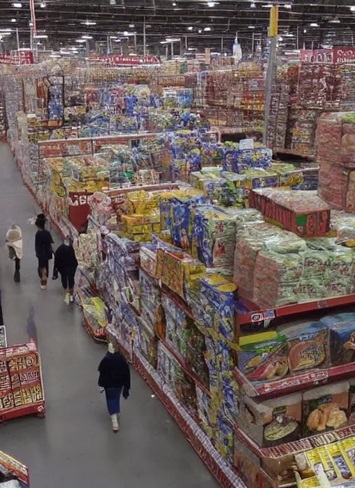 Prompt: first person view. walking through a costco in 1 9 9 7. looking at hands arranged in the shape of a gossett