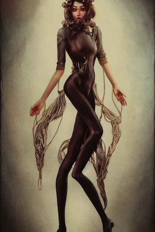 Image similar to Adventure pulp portrait of a beautiful female dollpunk with thin lustrous hair wearing a full bodysuit, focus, detailed, realistic eyes, symmetric body features proportions, intricate details, award winning, by Tom Bagshaw