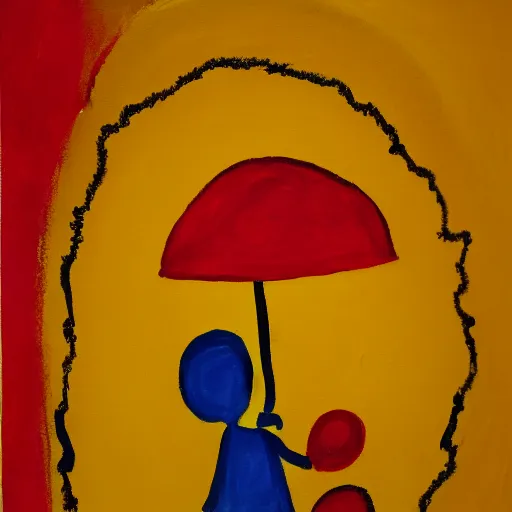 Image similar to a painting of a person holding a yellow and red umbrella, a cave painting by etel adnan, reddit contest winner, metaphysical painting, childs drawing, wimmelbilder, apocalypse art