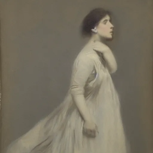 Prompt: portrait of a young action heroine, white dress, by alfred stevens in charcoal