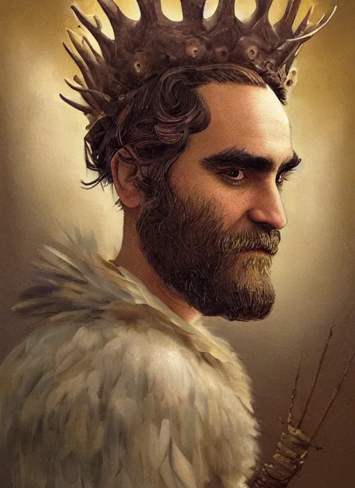 Prompt: a hyper detailed portrait of joaquin phoenix with a crown made of animals, cow horns, pig nose, sheep wool, chicken feather armor, by anna podedworna, by miklos ligeti, by diego maricato, by taran fiddler, by antonino truisi, by chris reddie, by jinsung lim, trending on artstation