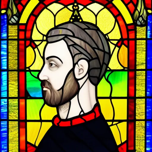 Prompt: side - view portrait of a man wearing a golden crown, short buzzcut, stubble, he wears a red coat, gothic stained glass window, blue ocean background, very masterful, royal, backlit