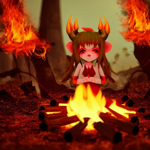 Image similar to cute fumo plush manic happy pyromaniac girl giddily starting a huge bonfire in the forest, horned demon imp girl, stylized pbr anime shader, burning flames, warm glow and volumetric smoke vortices, filmic, rule of thirds composition, vignette, vray