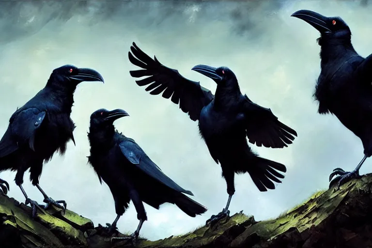 Image similar to raven birds expressively dancing by otto dix and greg rutkowski and andreas rocha, cinematic lighting, highly detailed, warm colours, 4 k