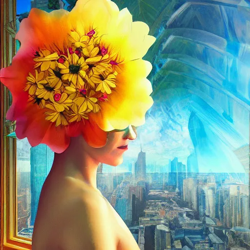 Image similar to giant flower under head, woman next to modern windows, luxury apartment, surreal photography, dramatic light, impressionist painting, digital painting, artstation, arthur adams