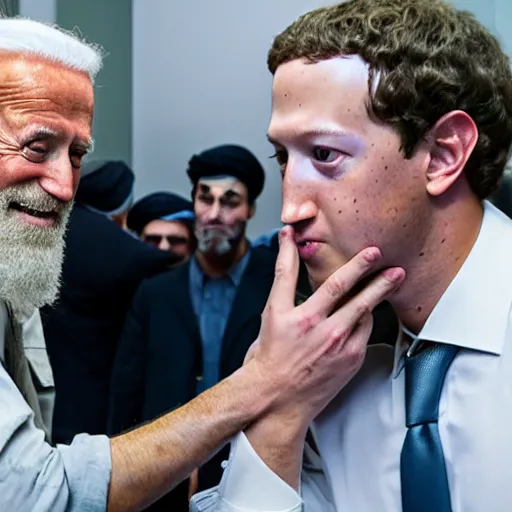 Image similar to 4 k portrait sony a 7 f 2. 8 of mark zuckerberg as a taliban leader kissing president joe biden as a taliban leader