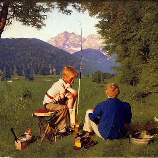 Image similar to painting of a blonde boy with blue eyes and his mother and father, fishing next to a high lake in Switzerland, forest, tent, golden hour, by Norman Rockwell,