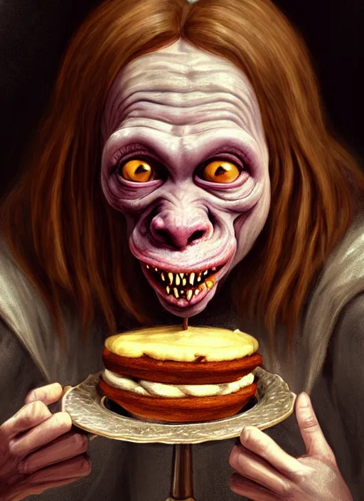 Image similar to portrait of a medieval goblin eating cakes in the cloisters beautiful face hyper realistic highly detailed digital painting artstation illustration co