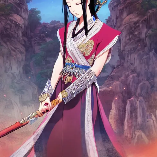 Image similar to ancient chinese dynasty princess, three kingdom, dynasty warriors, standing in an oasis in the desert, anime movie, beautiful, elegant, headshot, long black hair, digital painting, smooth, concept art, art by makoto shinkai