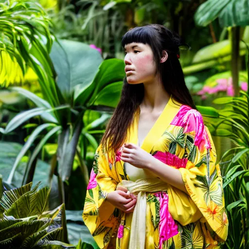 Prompt: photograph of an young woman wearing a yellow kimono in a tropical greenhouse, by james gurney, by john william waterhouse, Extremely detailed. 4K. 35mm lens