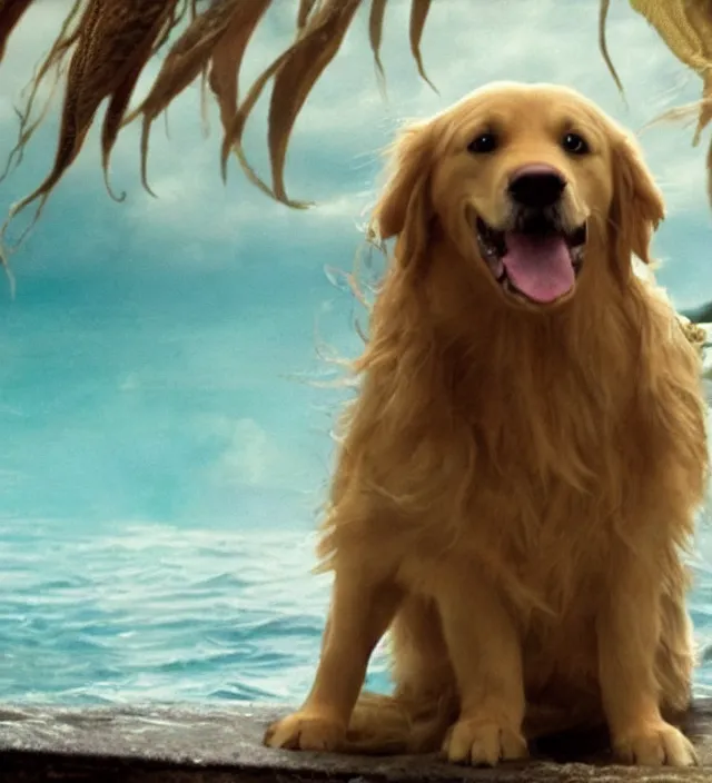 Image similar to a golden retriever as a mermaid in pirates of the caribbean, movie still frame, hd, remastered, movie grain, cinematic lighting