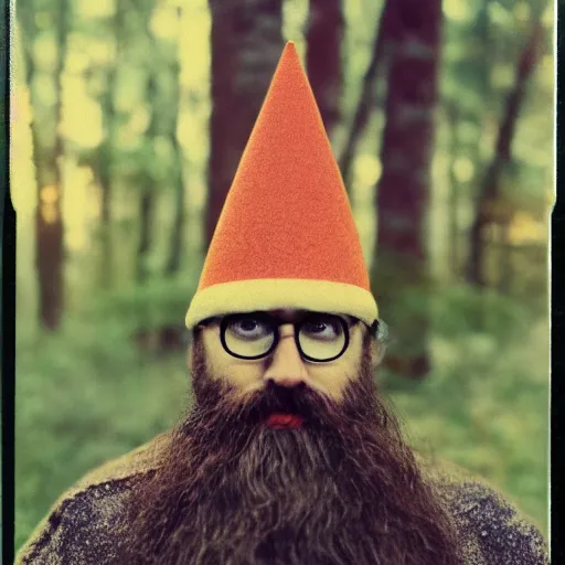 Prompt: symmetrical mushroom wizard beard, in a forest in twilight, 70s, polaroid, DOF, grain, kaleidoscope