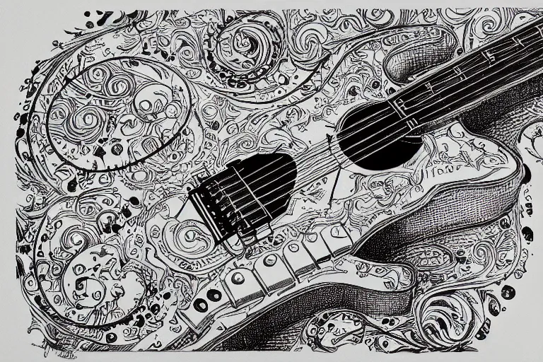 Image similar to a technical drawing of a guitar designed by by Joe Fenton, black ink on textured paper, high detail, blueprint, intricate