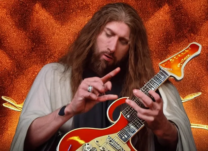 Image similar to metal jesus rocks playing an electric guitar in front of an audience of angels, movie still, 8 k