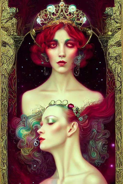 Image similar to Crown with iridescent pearls, ruby jewels, other worldly, art nouveau, by Anato Finnstark, Tom Bagshaw, Brom