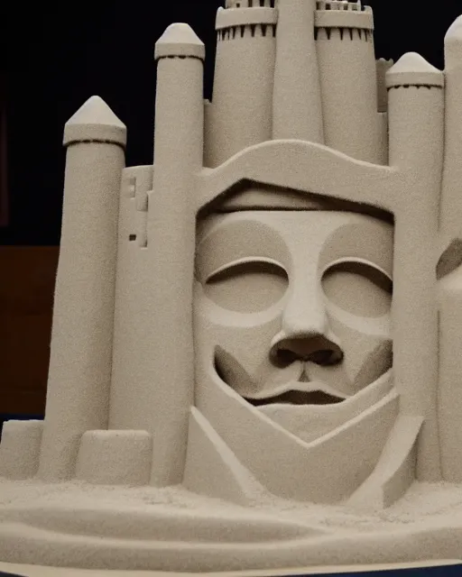 Image similar to a detailed sandcastle with the face of anonymous