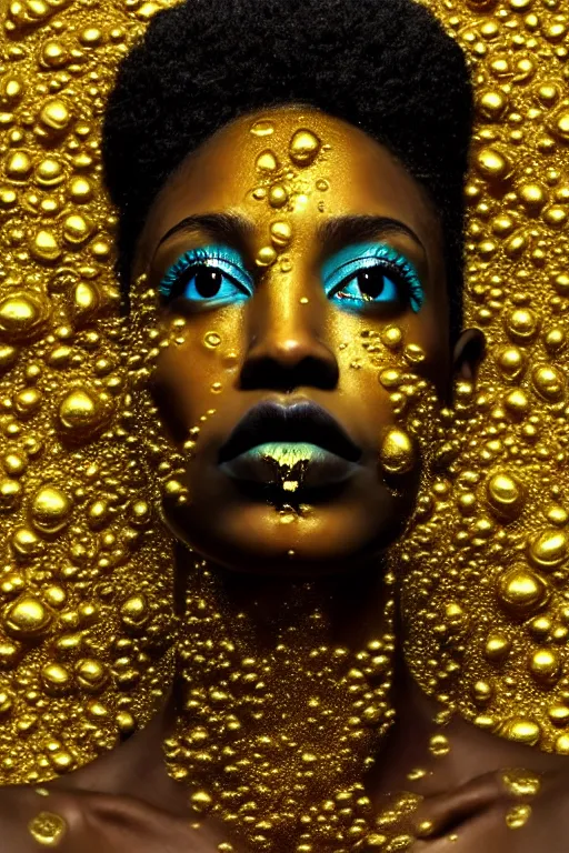 Prompt: hyperrealistic post - dada cinematic very expressive! profile black oshun goddess, shoulders from water!!, mirror dripping droplet!, gold flowers, highly detailed face, digital art masterpiece, smooth eric zener cam de leon, dynamic pearlescent teal light, low angle uhd 8 k, sharp focus