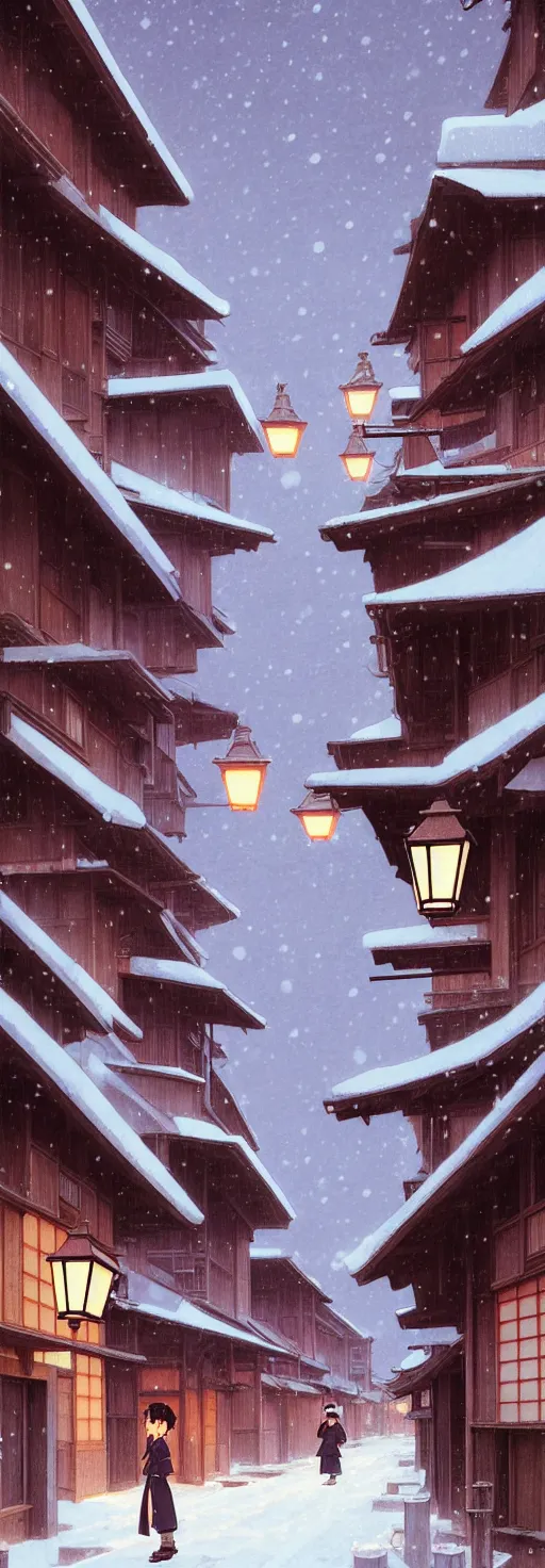 Image similar to empty rural japanese town at night, winter, in the style of studio ghibli, j. c. leyendecker, greg rutkowski, artem